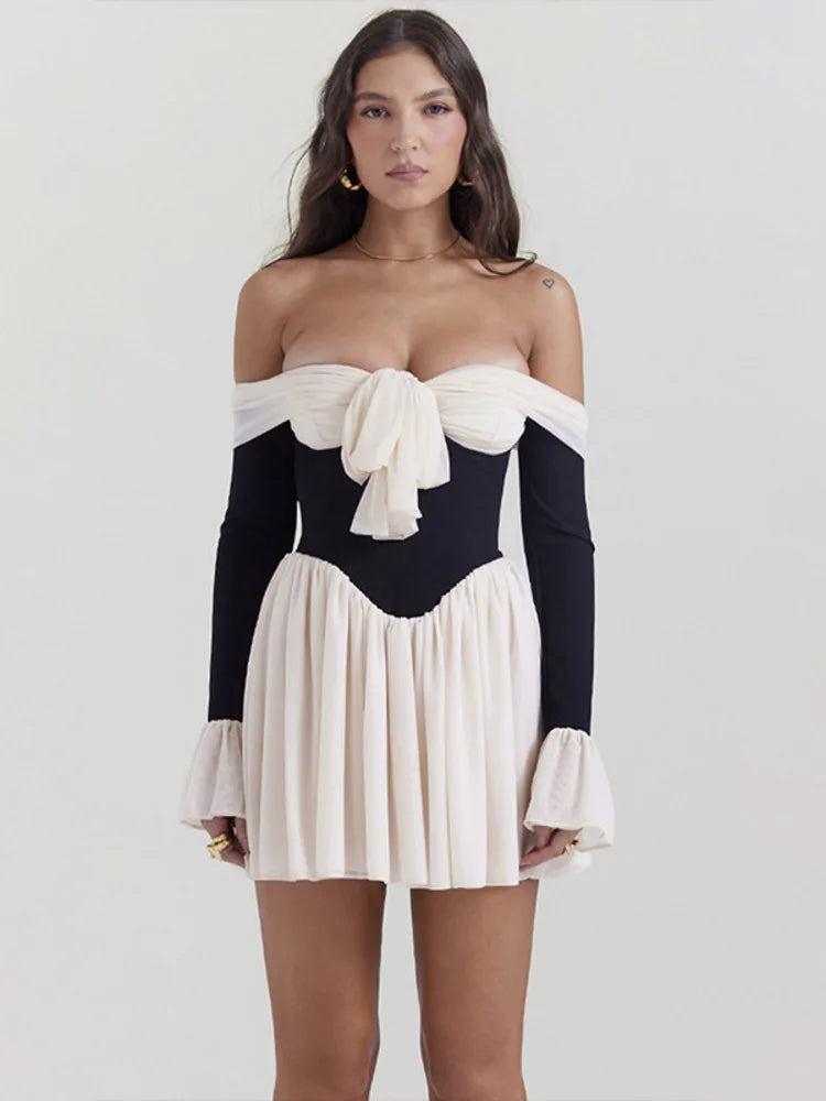 Mozision Élégante Mini Robe Bustier Dos Nu Sexy Pour Femmes Nouvelle Épaule Dénudée Manches Longues Évasées Plissée Club Robe De Soirée