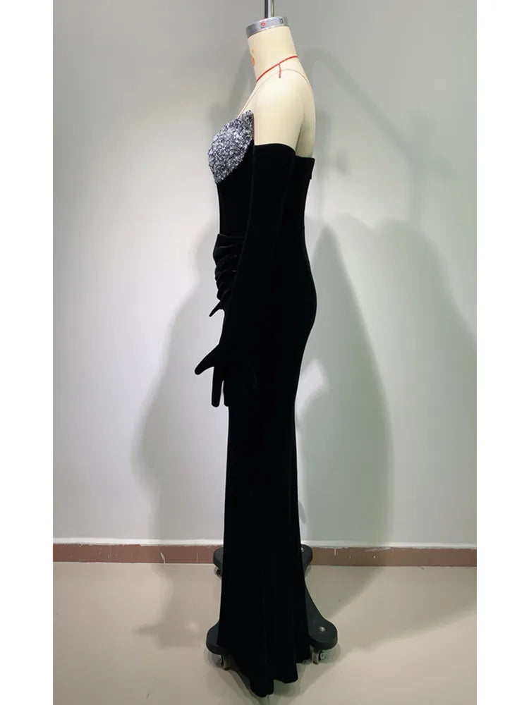 Women Celebrity Sexy Off Shoulder Velvet Sequins Maxi Long Dress 2024 Elegant Party Evening Stage Performance Outfit Vestido