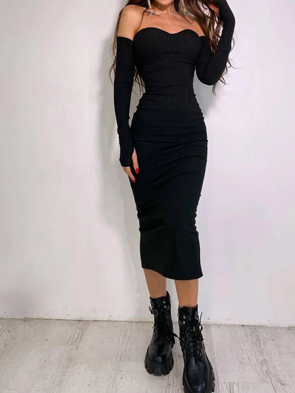 WannaThis - Vestido midi de punto con hombros descubiertos, sexy, de manga larga, con pliegues, ajustado, para mujer, para baile de graduación, ropa de calle, vestido informal para boda, noche y otoño