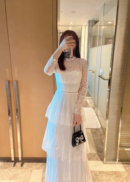 Vestido largo elegante blanco con volantes escalonados, vestidos de verano 2023, vestido ajustado de cintura alta con manga larga y bordado de encaje de gasa