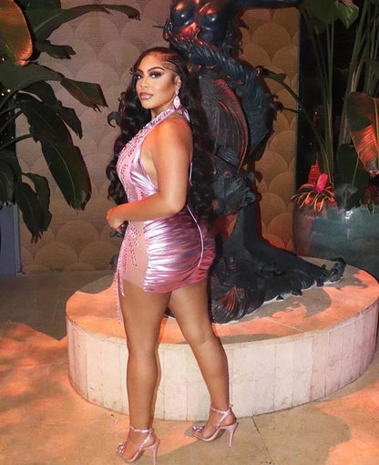 Vestido corto rosa para fiesta de cumpleaños, hecho a mano, con cuentas de diamantes de imitación, sexy, transparente, para cóctel, fiesta de graduación, 2023