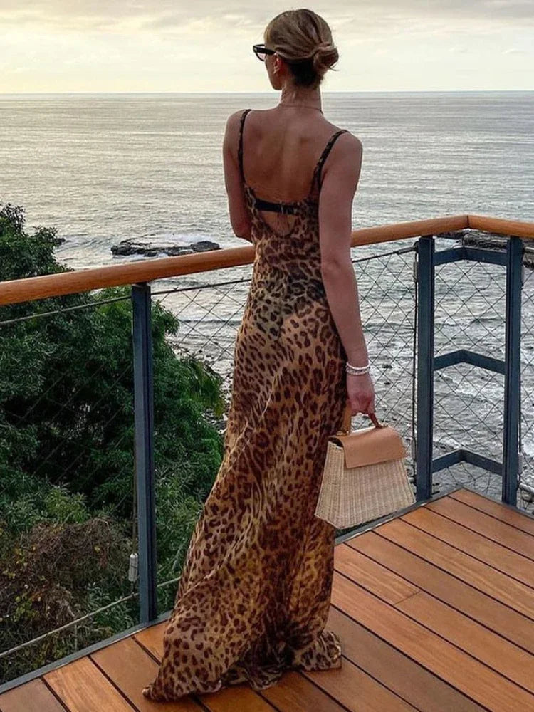 Oligai Summer Leopard Sheer Beach Dress Sexy Maxi See Through Backless Lace Up Dress  Elegant Floor Length Holiday Dress Women