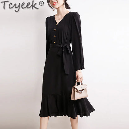 Tcyeek 100% Mulberry Silk Dress Ladies Elegant Women's Dresses 2024 Spring Summer Clothes High-end Long Sleeve Dress Belt Waist