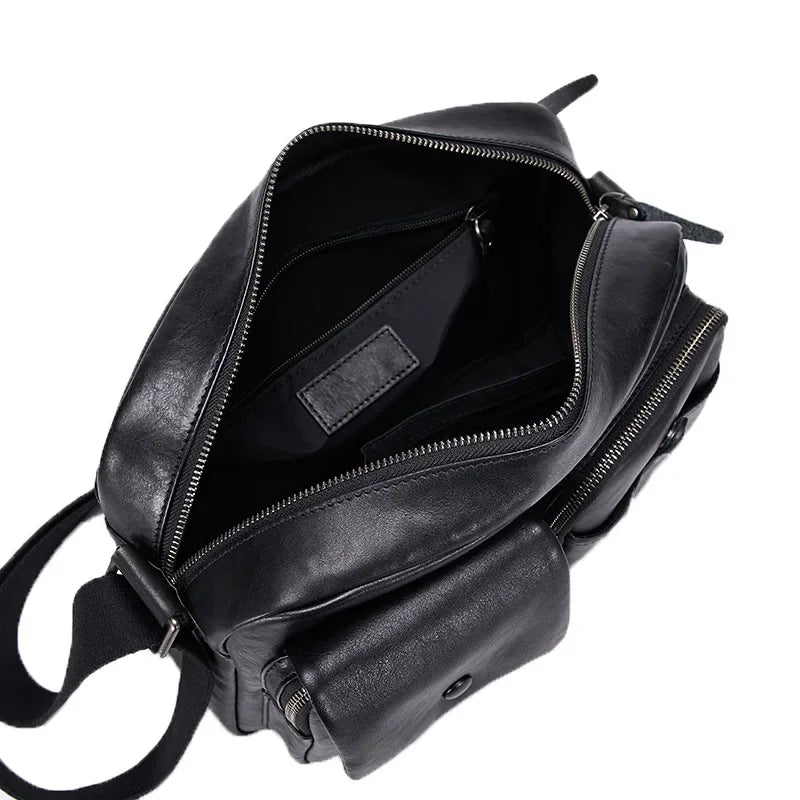 Bolso bandolera de cuero para hombre, de un solo hombro, con lazo en la parte superior, de piel de vaca, para ocio, negocios, viajes, bolso cuadrado pequeño de gran capacidad