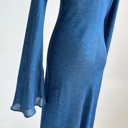 Vestido largo azul 100 % seda para mujer 2023 nuevo vestido largo de fiesta de manga larga acampanada