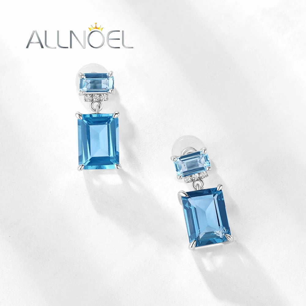 ALLNOEL Solid 9K/14K/18K White Gold Earrings For Women Natural 6*8mm London Blue Topaz Temperament K Gold Jewelry bijoux Gifts