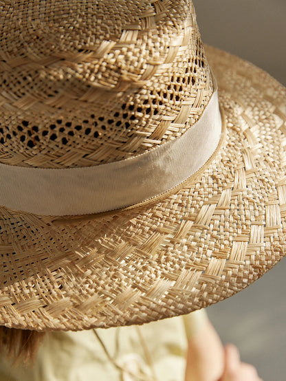 USPOP Femmes Printemps et Été Nouvelle Mode Protection Solaire Chapeau de Soleil avec Cravate Chapeau de Paille Tissé à la Main Creux Sisal Plat Haut Chapeau de Paille