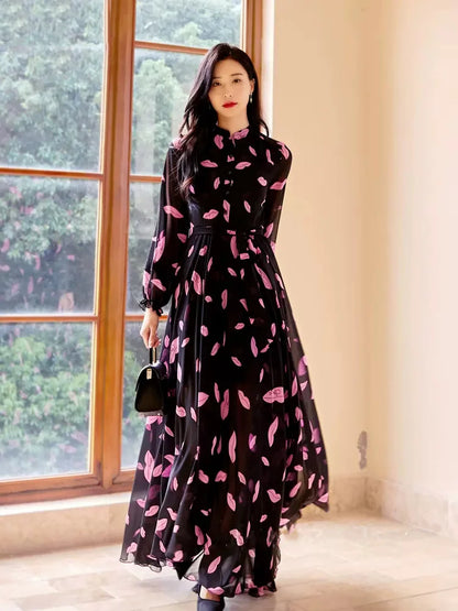 New Women Spring Summer Print Holiday Dress Fashion Stand Collar Long Sleeve Ankle-Length Dress Elegant Flowing Beach Dress