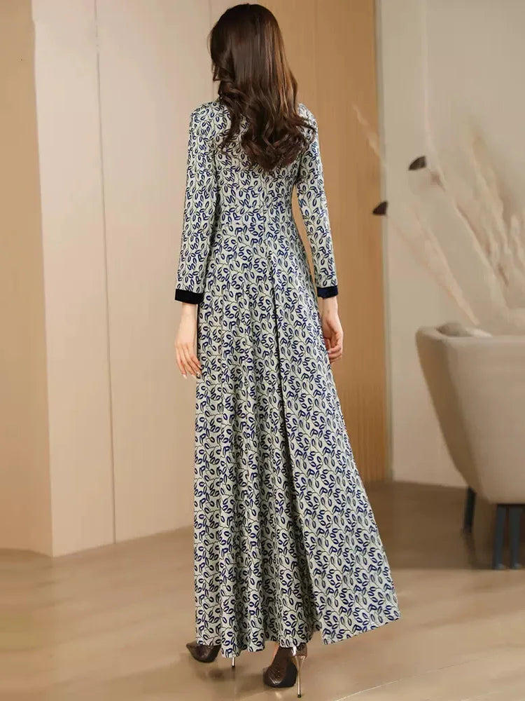 New Women Spring Autumn Print Dress Fashion Peter pan Collar Long Sleeve Slim Dress Elegant Exquisite Overlength Dress