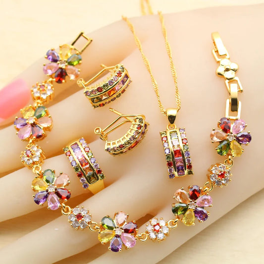 Conjuntos de joyas chapadas en oro con circonitas multicolores cuadradas para mujer, pendientes, collar, colgante, anillo, pulsera, regalo de cumpleaños