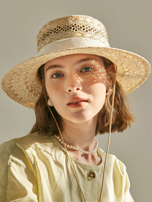 USPOP Femmes Printemps et Été Nouvelle Mode Protection Solaire Chapeau de Soleil avec Cravate Chapeau de Paille Tissé à la Main Creux Sisal Plat Haut Chapeau de Paille