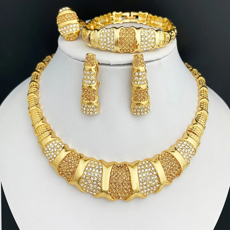 Ensemble de bijoux de Dubaï pour femmes, ensemble de luxe plaqué or 18 carats, collier, boucles d'oreilles, bracelet et bague, bijoux pour fête de mariage tendance