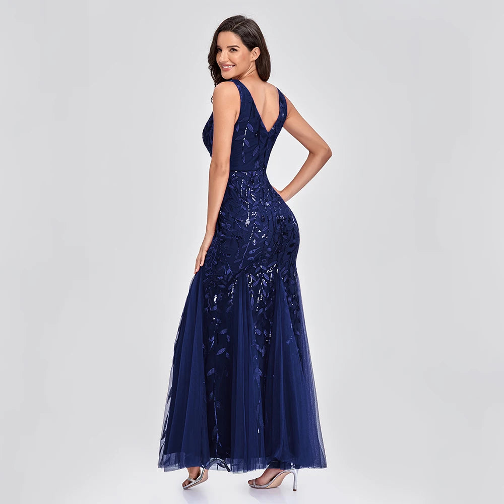 Robe de cocktail en tulle à paillettes sans manches et col en V Robe de soirée sirène à dos en V Robe de soirée brodée pour femme