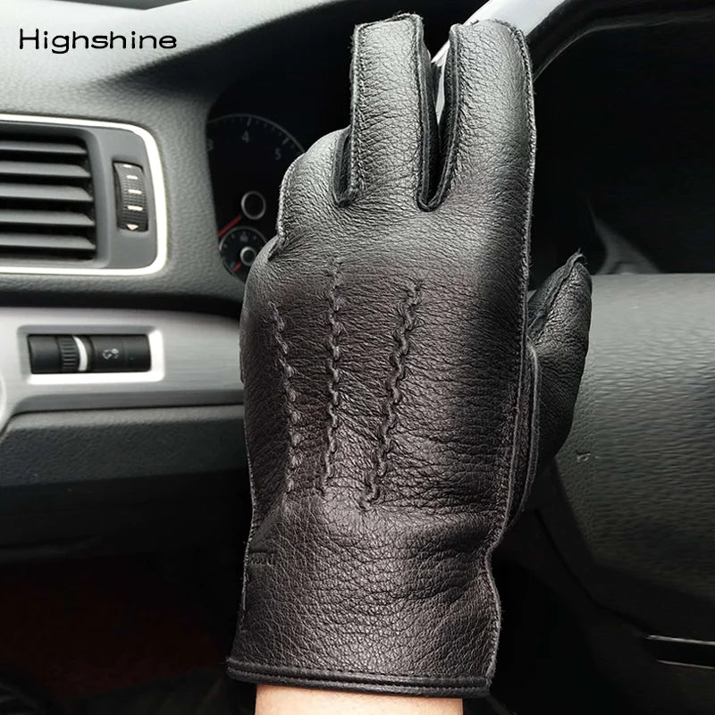 CARTTIGERCAT Deerskin Mens Leather Gloves Full-hand Touchscreeen Winter Warm Wool Lining Moto Driving Riding Gloves