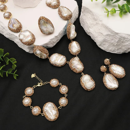 Natural Baroque Shaped Pearl Women 18K Gold Plated Jewelry Necklace Bracelet Earring Ring Fashion Designer Jewelry Sets