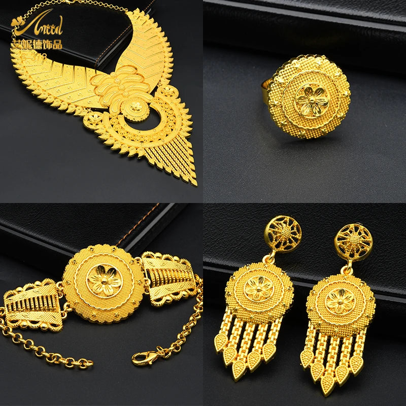 ANIID Indian Big Gold Color Jewelry Women Necklace Sets Dubai African Party Bridal Wedding Gifts Arabic Necklace Jewelry Sets