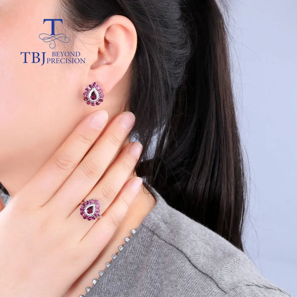 Ensemble de bijoux en argent 925 avec bagues et boucles d'oreilles en grenat rhodolite naturel pour femmes, cadeau de fête d'anniversaire de luxe