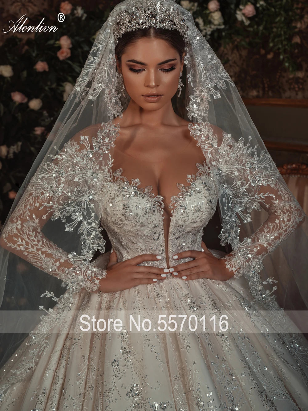 Alonlivn Vestido de novia con apliques de encaje y bordado de cuentas, cuello y espalda con ilusión, mangas largas