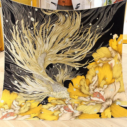 High-end Elegant Women's Exquisite Black Gold Goldfish Printed High Quality Silk Wool Hand-rolled Edge Warm Scarf Shawl Wrap