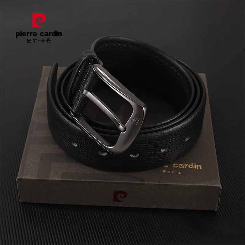 Cinturón de cuero genuino de moda para hombre Pierre Cardin Commerce Cinturón con hebilla de aguja para hombre Cinturón negro