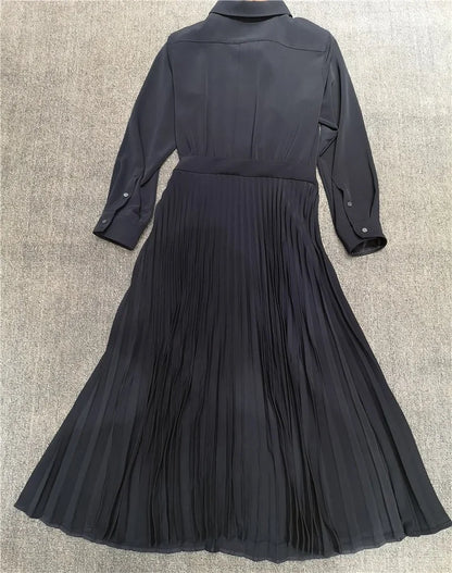 2022 New Acetate Slim Waist Pleated Long-sleeved Women Dress