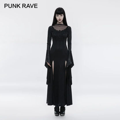 PUNK RAVE  Gothic High Cross Crackle Split Long Dress Collar Buttons Vintage Lace Decals Knit Mesh Hem Women Black Clothing