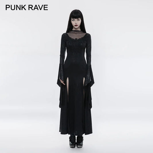 PUNK RAVE  Gothic High Cross Crackle Split Long Dress Collar Buttons Vintage Lace Decals Knit Mesh Hem Women Black Clothing