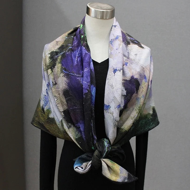 High-end Elegant Women's Oil Painting Potted Flower Double-sided Print Quality Silk Wool Hand-rolled Edge Warm Large Scarf Shawl