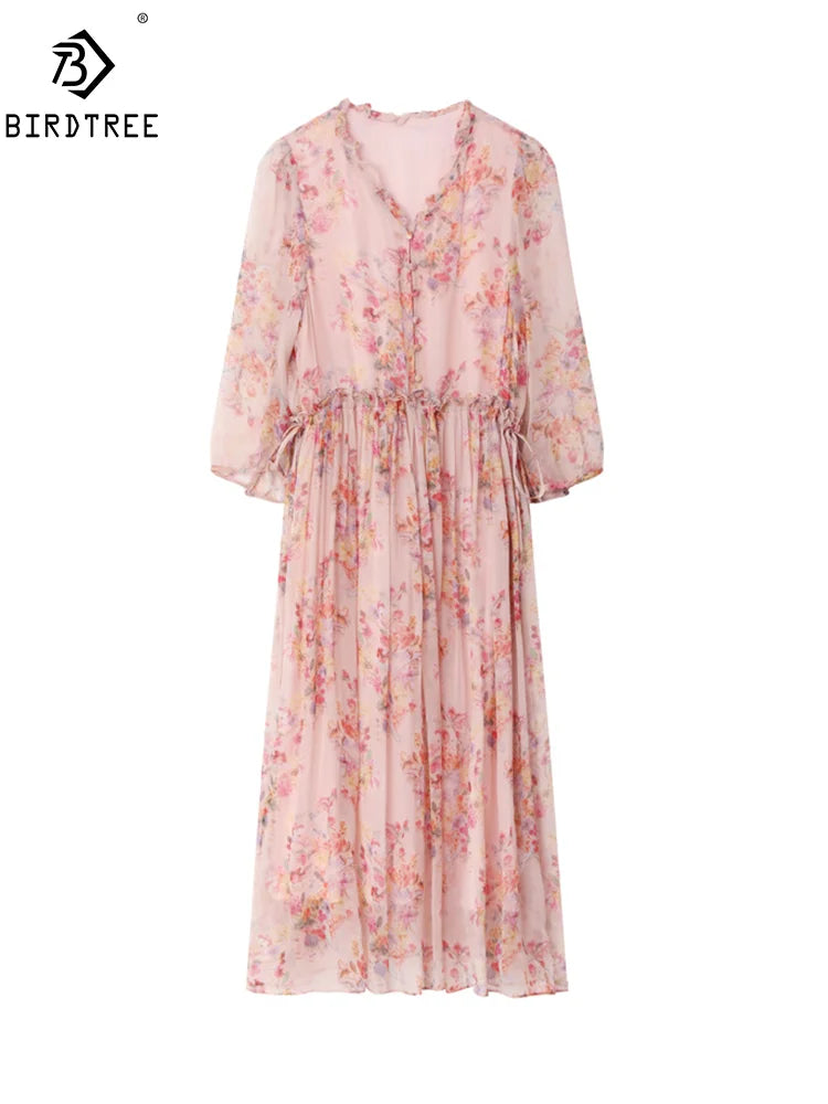 BirdTree, vestido elegante 100 % de seda auténtica, vestido de mujer con escote en V y mangas largas, vestido de hada para fiestas de vacaciones, novedad de verano 2024 D45022QM