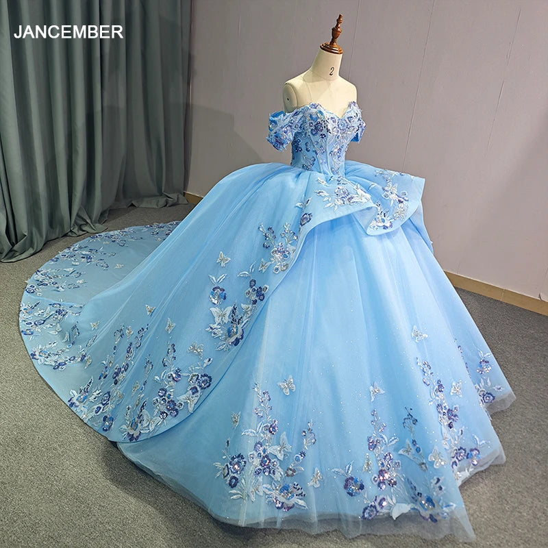 Jancember Bule Off-Shoulder Ball Gown Quinceanera Dresses Vestidos De 15 Anos Formal Princess Birthday Party Gowns DY6738