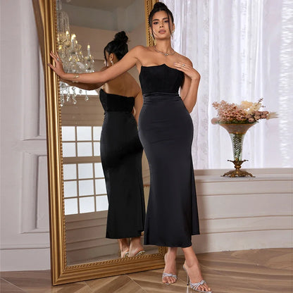 Oligai Black Maxi Wedding Guest Dress Women Strapless Velvet Boning Corset Party Dress Sexy Satin Long Formal Occasion Dress