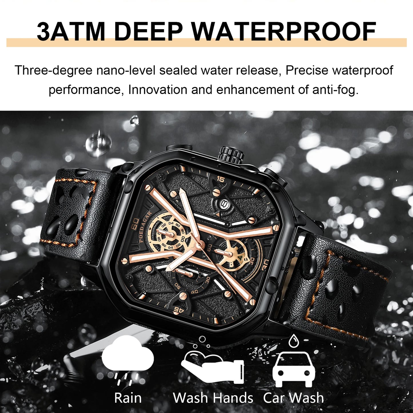 POEDAGAR Relojes de pulsera de moda para hombre, cronógrafo de lujo, luminoso, resistente al agua, con fecha, reloj para hombre, esfera cuadrada, relojes de cuarzo de cuero para hombre