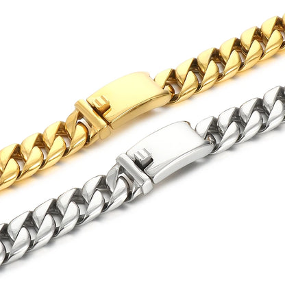 KALEN Collier et bracelet en chaîne cubaine de 12 mm de largeur pour femmes et hommes, bijoux ras du cou brillants, punk, acier inoxydable, couleur or, cadeau