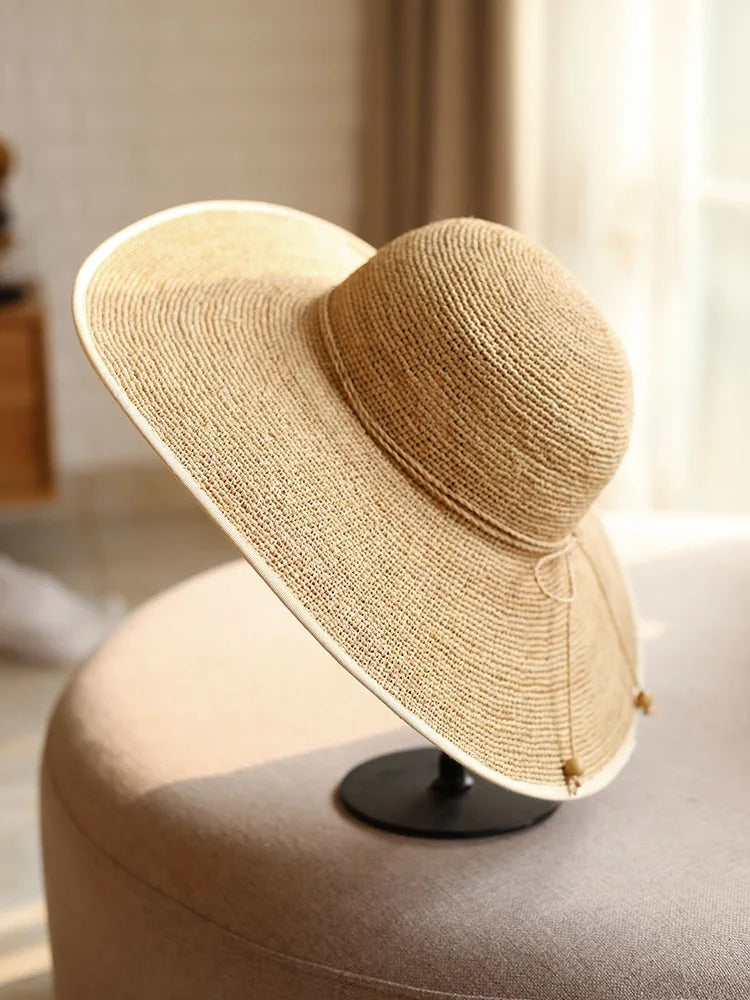 Sombreros de verano tejidos a mano para mujer, sombreros de rafia de borde grande, sombreros de sol de moda, sombreros de paja casuales con protección solar