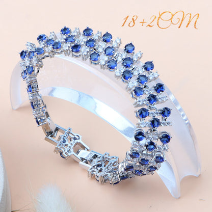 Conjuntos de joyas nupciales naturales Plata 925 Anillo Colgante Collar Pendientes Pulseras Boda Conjunto de circonita cúbica azul para mujer