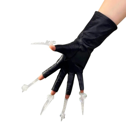 DooWay Real Leather Fingerless Gloves Half Finger Women's Short Genuine Lambskin Sheepskin Black Gothic Motocycle Driving Glove