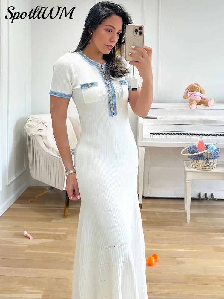 Elegant Patchwork Knitted Pocket Long Dresses Women Short Sleeve Buttons High Waist Wrap Hips Dress Fashion Commute Street Robes