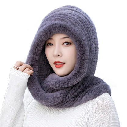 Winter Rabbit Fur Hat Unisex Knitted Hooded Caps Outdoor Warmer Drawstring Hats One-Piece Neck Collar Hats For Women Beanies Cap