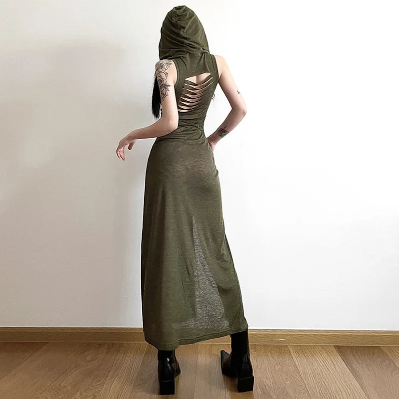 Robe à capuche style gothique sombre cyber-gothique pour femme, style Y2k, punk, grunge, ajouré, mi-longue, sexy, fendue sur le côté, couleur unie, streetwear