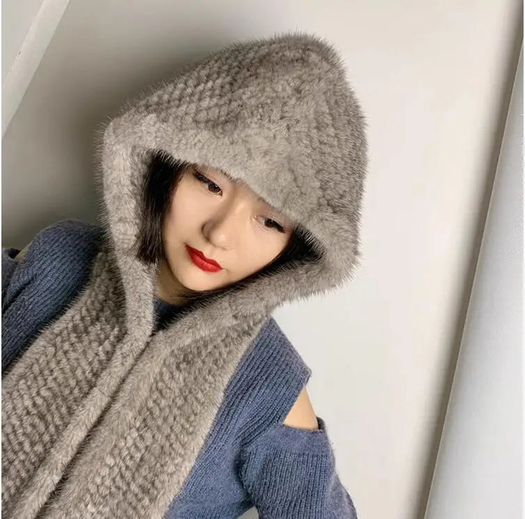 Winter Real MInk fur Hat Women Thick Knitted Ladies Warm Hats and Scarf Russian Cap Muffler One pieces