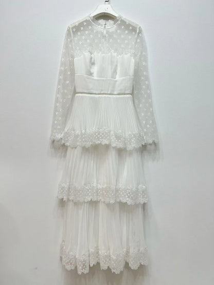 White Elegant Tiered-Ruffle Maxi Dress 2023 Summer Dresses High-End Lace Embroidery Chiffon Long Sleeve High Waist Slim Dress