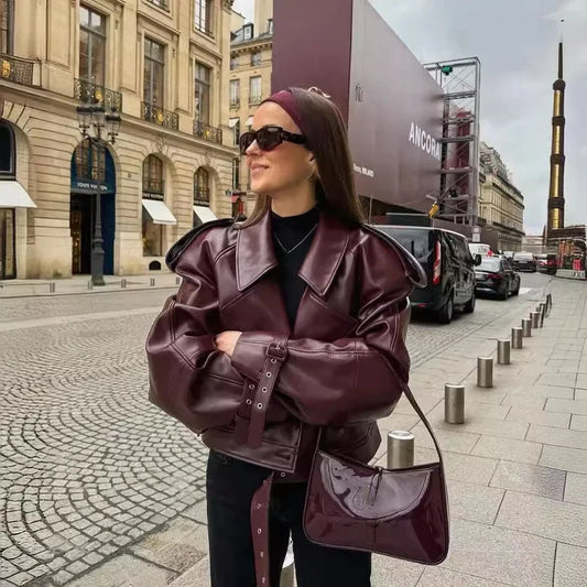 Oligai 2024 Chaqueta de cuero sintético vintage de invierno y otoño, abrigo elegante con cinturón corto, chaquetas de bombardero para mujer, ropa de calle color vino