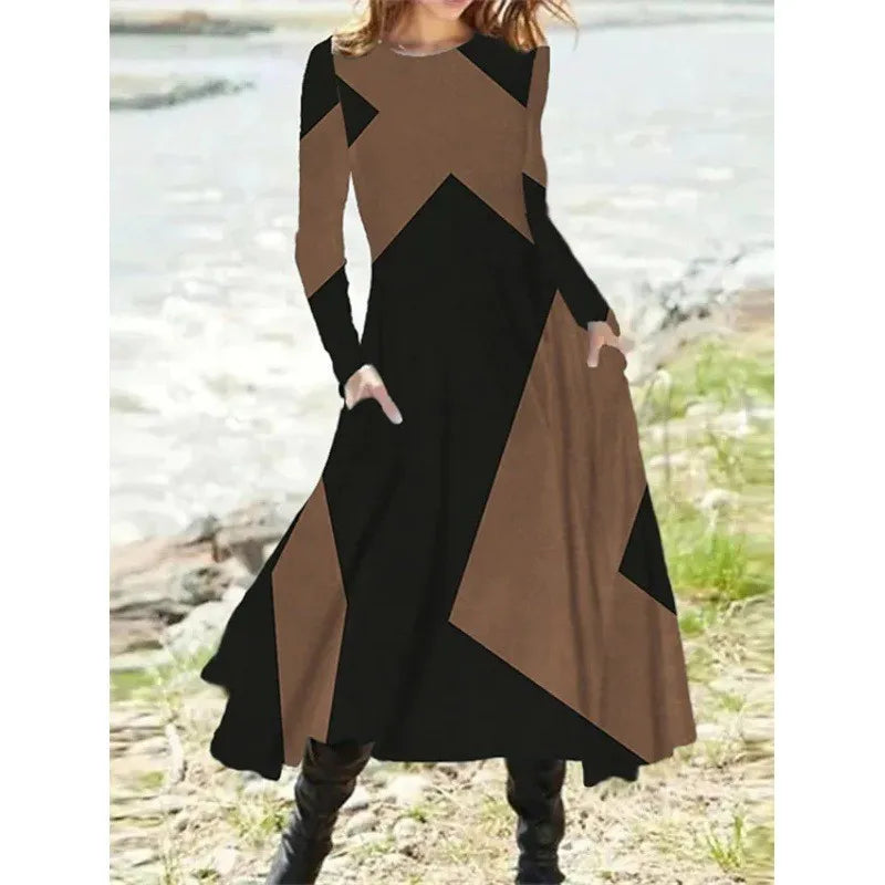 Robe longue à manches longues et col rond pour femme, style ethnique, décontracté, mode rétro, imprimé géométrique, automne et hiver