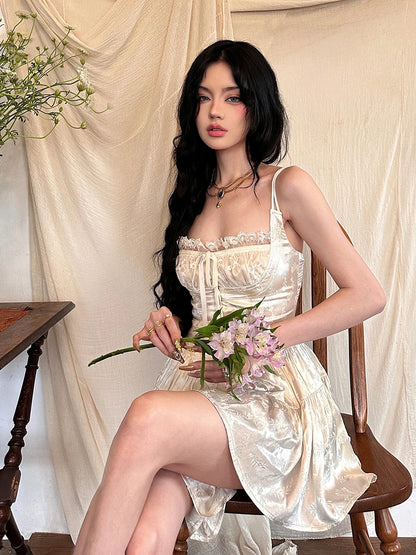 REDDACHiC Medieval Retro Satin Mini Dress Women Stitch Lace Trim Jacquard Ruffle Romper Event Party Cami Dress Desire One-piece