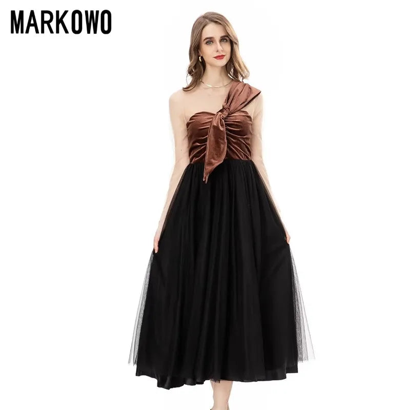 MARKOWO Desinger Brand 2023 Banquet Dress Round Neck Perspective Long Sleeve Cashmere Bowknot Mosaic Mesh Dress