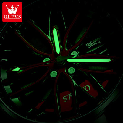 OLEVS Watch for Men 360° Rotary Dial Sport Car Rim Wheel Hub Waterproof Luminous Fashion Stainless Steel Men's Quartz Wristwatch