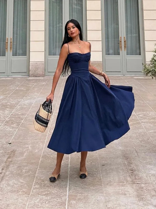 Robe mi-longue élégante à bretelles spaghetti Suninheart Slim A Line Robes de soirée Bleu marine Robe décontractée pour anniversaire et vacances Vêtements pour femmes