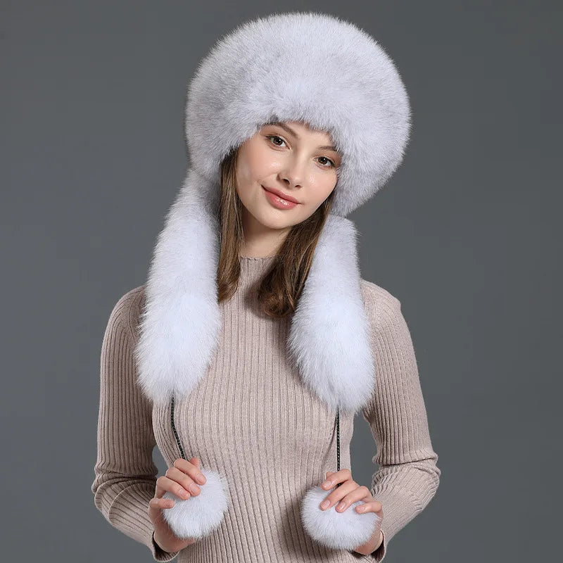 Fox Hair Hat Scarf One Piece Female Winter Warm Ear Protection Fur Hat Rex Rabbit Hair