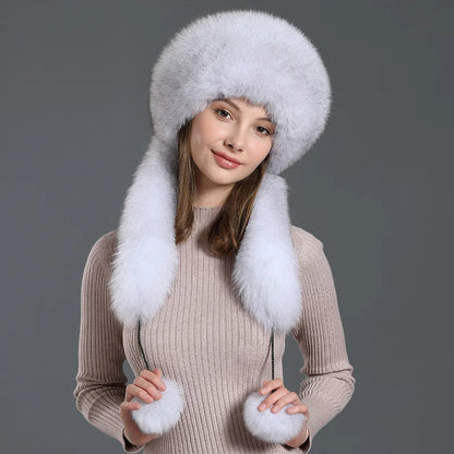 Chapeau écharpe en poils de renard pour femme, une pièce, protection des oreilles, chaud, hiver, fourrure de lapin Rex