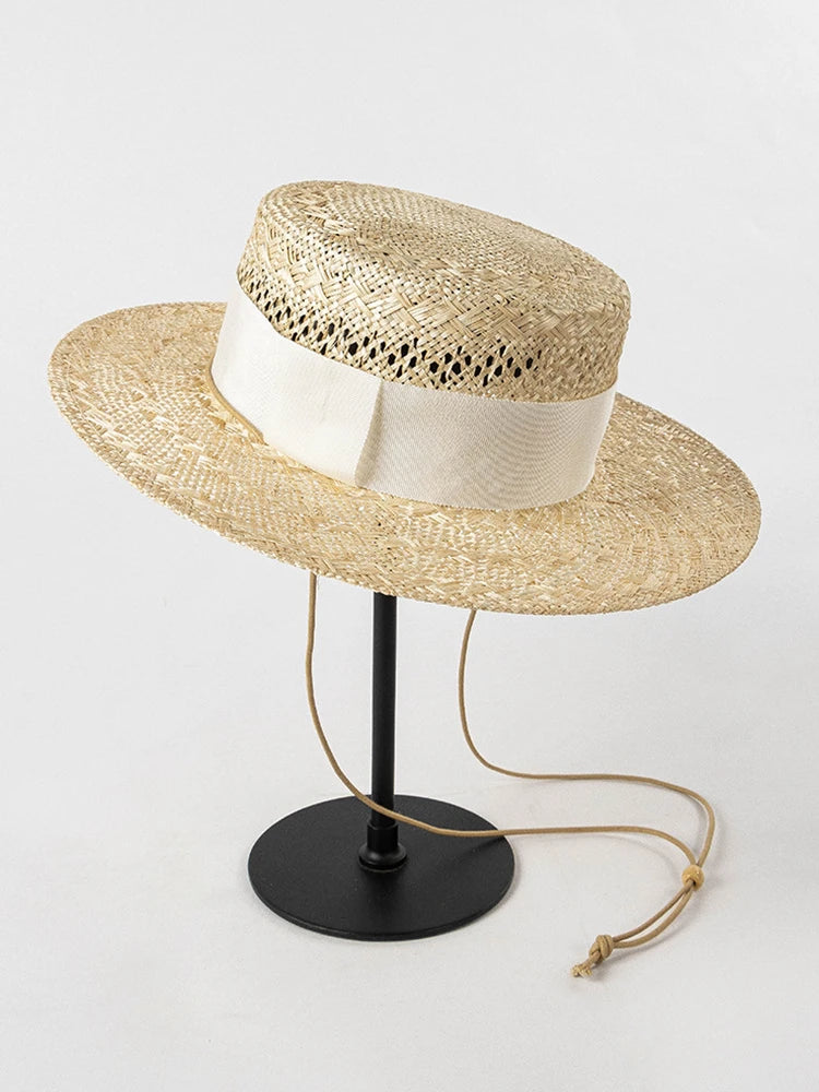 USPOP Mujeres Primavera y Verano Nueva Moda Sombrero de Sol con Lazo Sombrero de Paja Tejido a Mano Sombrero de Paja con Parte Superior Plana de Sisal Hueco